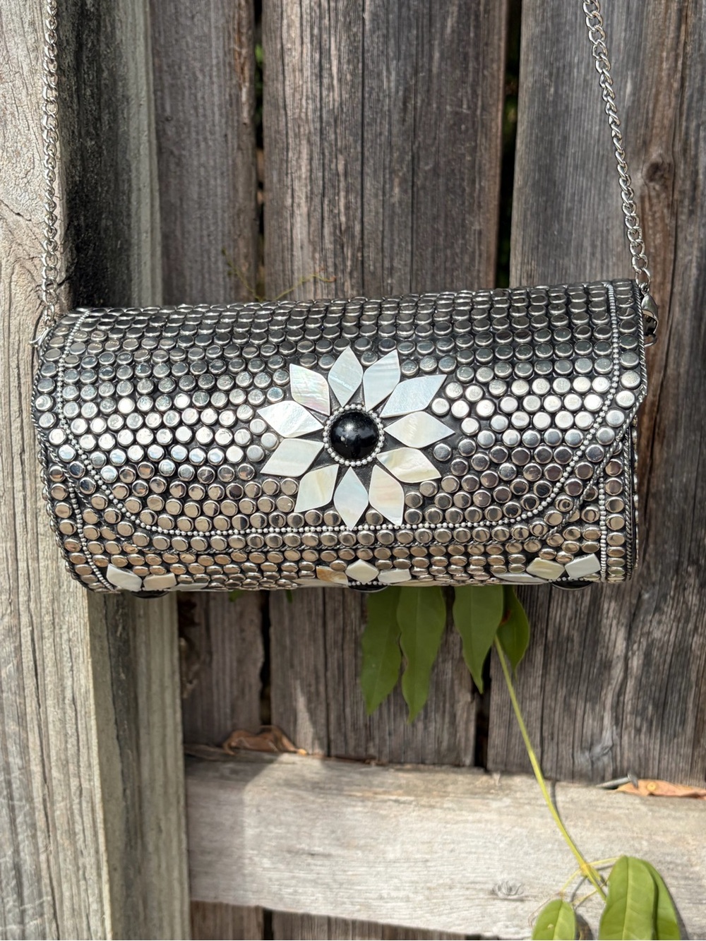Silver Metal Floral Pearl Petal Chain Clutch